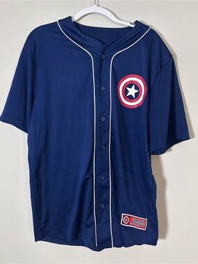 Marvel Captain America #41 Baseball Jersey Navy Blue Men’s Large Mad Engine Sz L